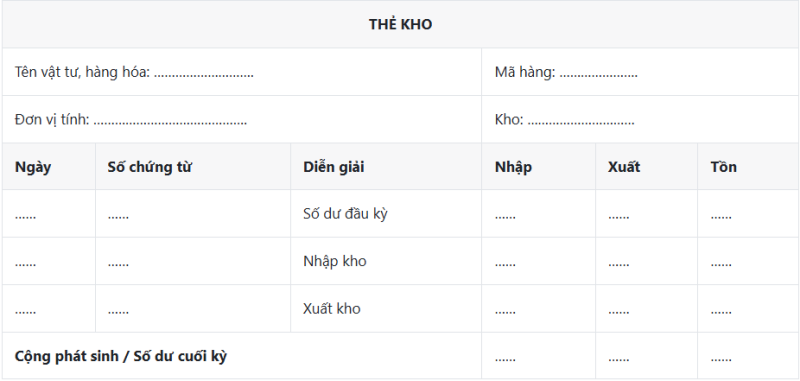 Mẫu thẻ kho chi tiết